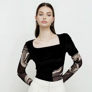 Black and Cream Geometric Mesh Top